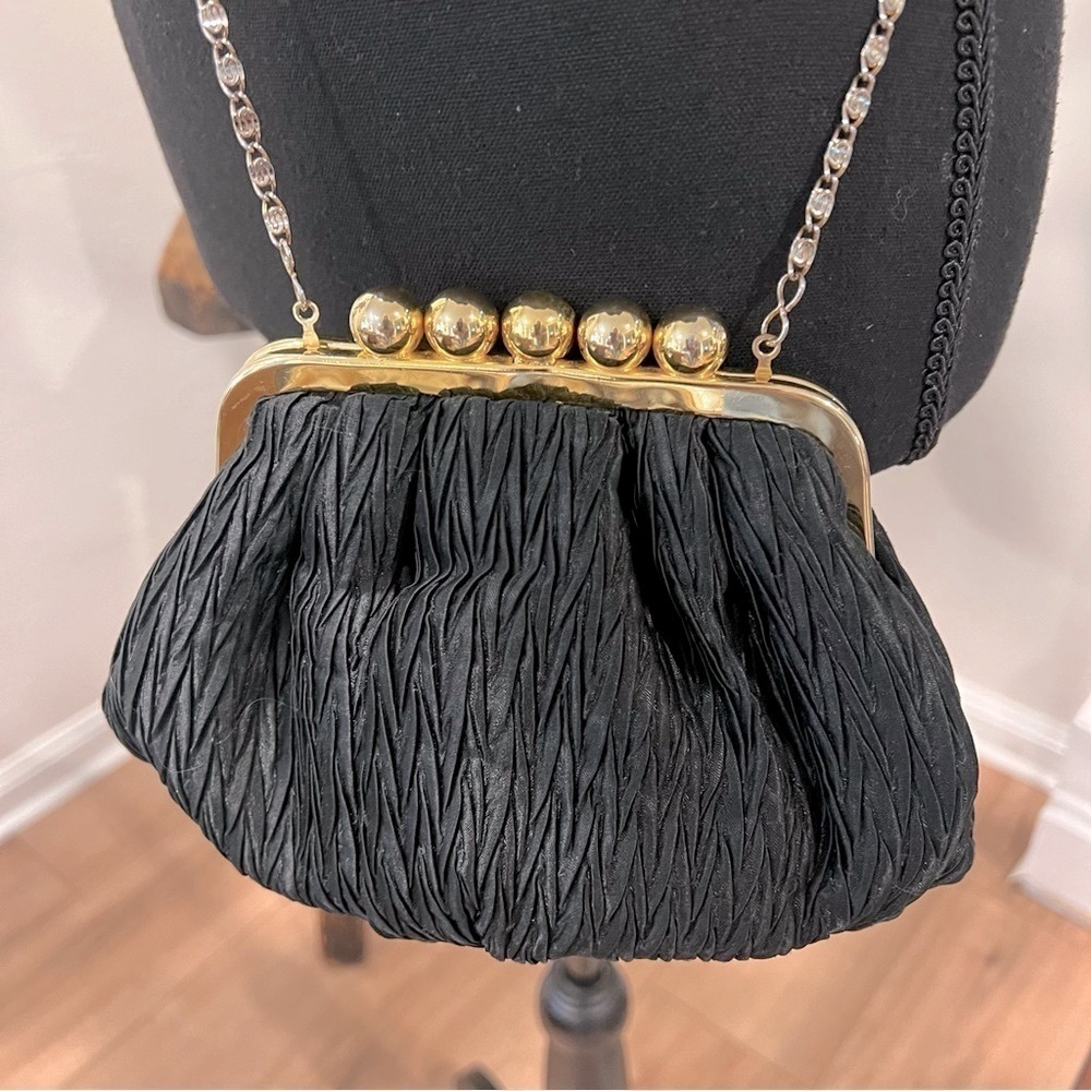 Vintage Carla Marchi Black Satin Pleated Crossbody Clutch Evening Bag - Picture 2 of 12